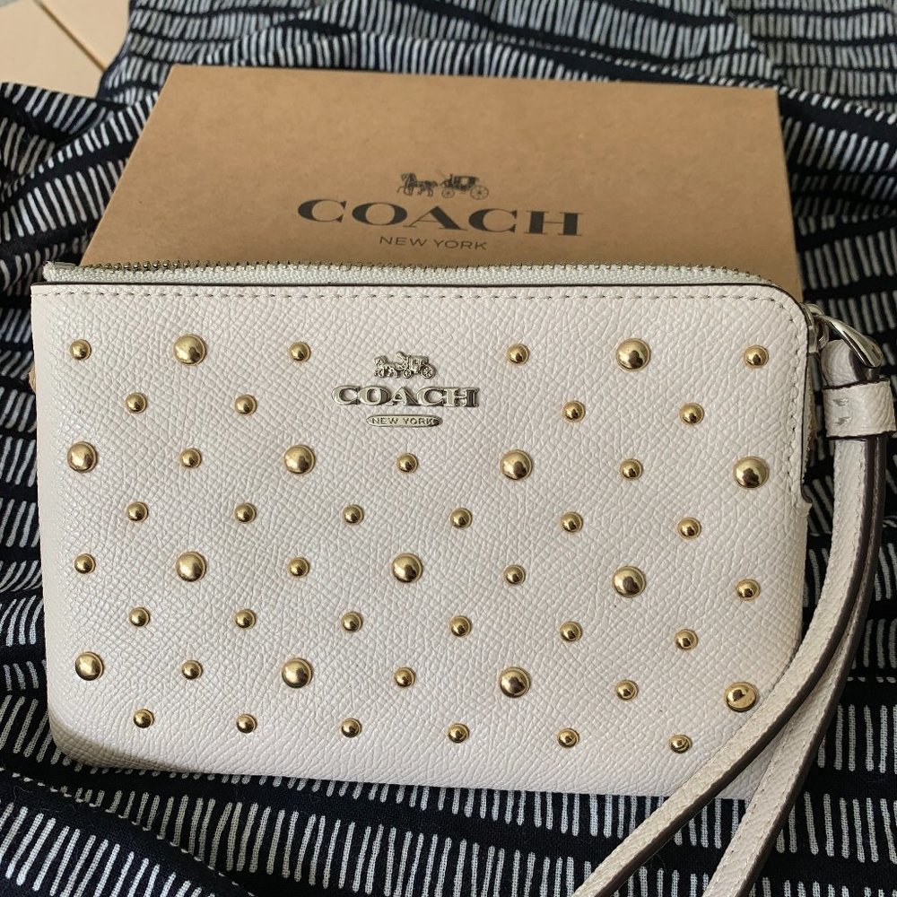 Coach Small Zip Wallet - White with Golden Studs